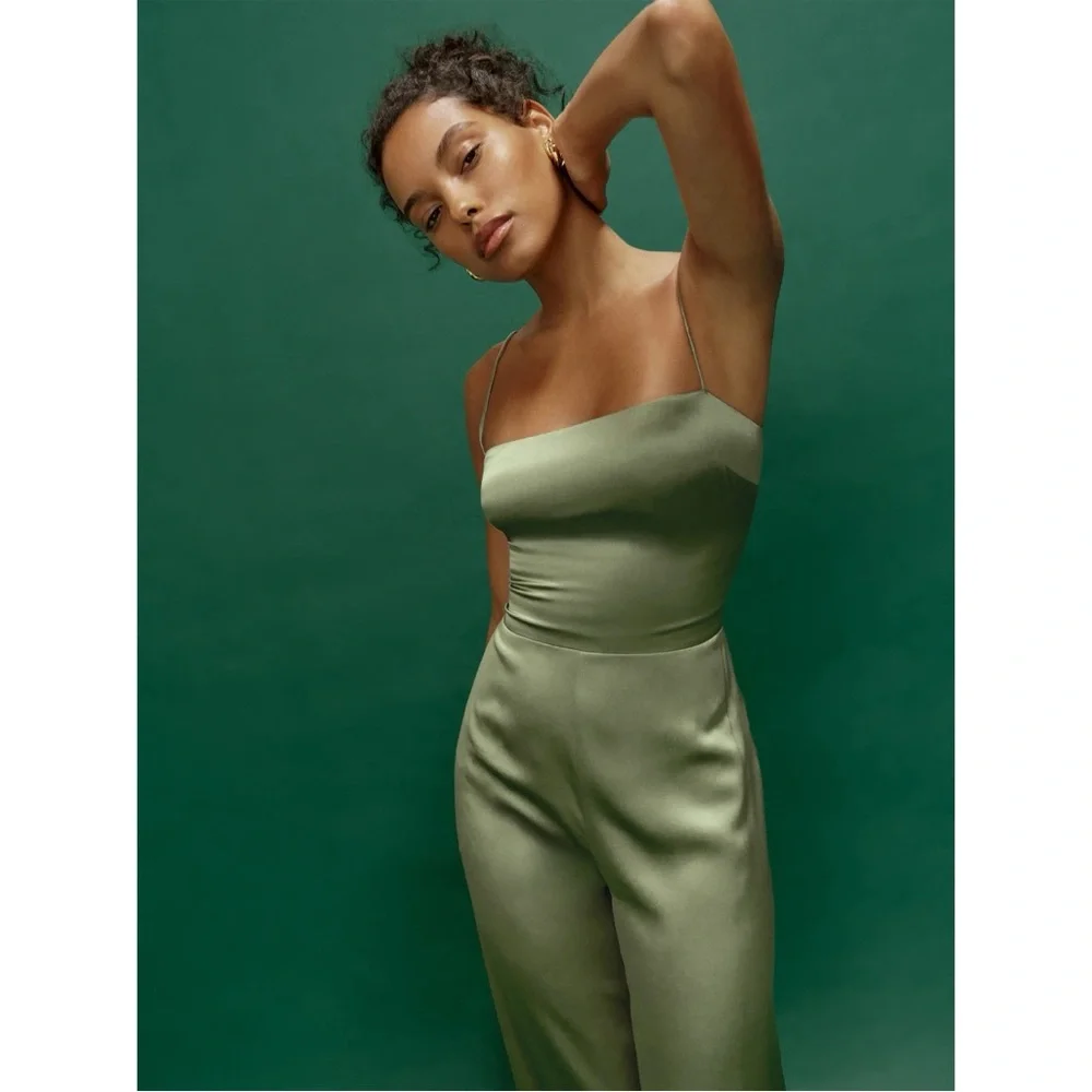 NWT Reformation Sage Silk‎ Jumpsuit in Artichoke - Picture 5 of 12